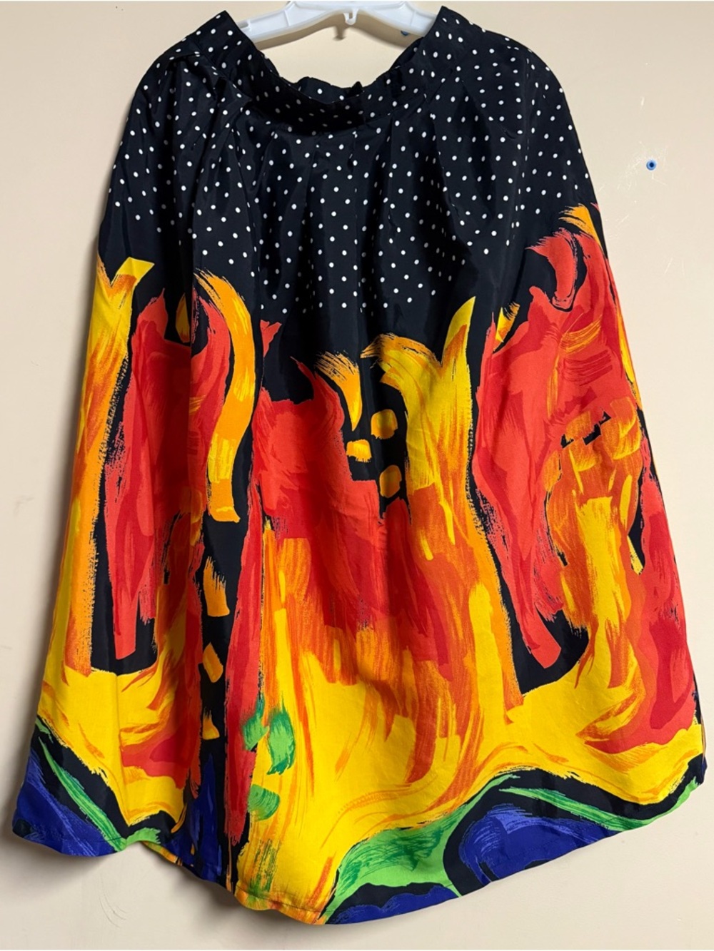 Bold Multicolor Painted-Print Midi Skirt - Black, Red & Yellow
Size Small